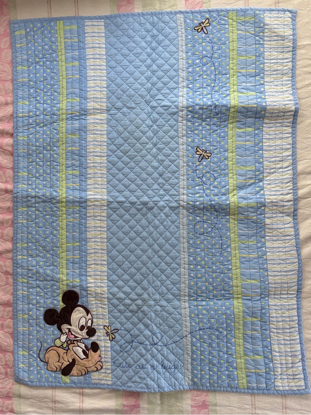 Disney Baby "Cute As A Bug" Blanket Mickey Mouse Pluto Embroidered Quilt